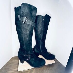 Paul Green Kimberely Black Suede Tall Buckle Boots Side Zip Block Heel Moto sz 9
